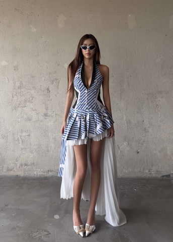 MAP Striped Asymmetric Pleated Halter Neck Dress