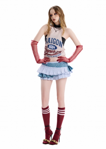 SG.S Pleated Mixed Striped And Denim Skirt