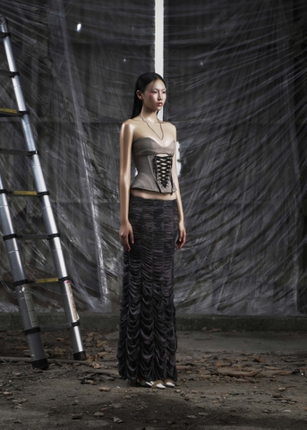 NONE Ruched Mesh Maxi Skirt