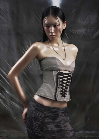 NONE Gray Lace Up Corset