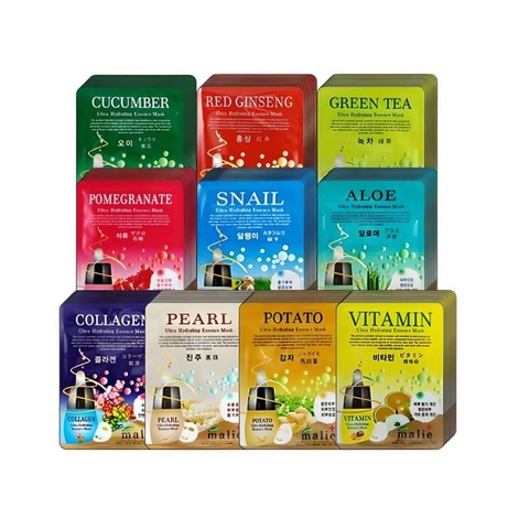 Mặt nạ tinh chất Marie Essence Mask Pack  Collagen, Ốc sên, Ngọc trai, Lô hội, Lựu, Hồng sâm, Sữa ong chúa, Vitamin, Khoai tây, Trà xanh (Bịch 10 miếng)