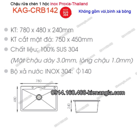 Chậu rửa chén Vuông 1 hộc 78x48 cm inox 304 Proxia-Thailand KAG-CRB142