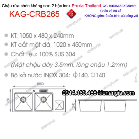 Chậu rửa chén 2 hộc 105x48 cm inox 304 không sơn Proxia KAG-CRB265