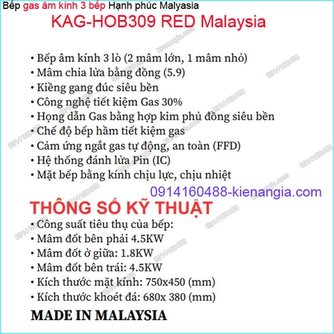 Bếp 3 gas âm kính đỏ sung túc Capri Malaysia KAG-HOB309-RED Malaysia