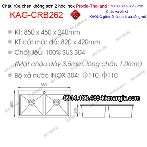 Chậu rửa chén 2 hộc 85x45 cm inox 304 không sơn Proxia KAG-CRB262