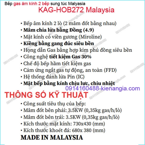 Bếp 2 gas âm kính sung túc Capri Malaysia KAG-HOB272 Malaysia