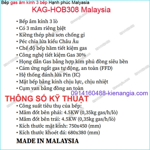 Bếp 3 gas âm kính đen sung túc Capri Malaysia KAG-HOB308 Malaysia