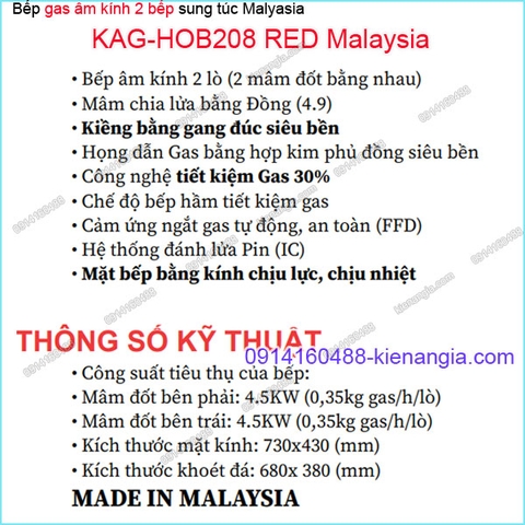 Bếp 2 gas âm kính sung túc Capri Malaysia hạnh phúc KAG-HOB208-RED Malaysia