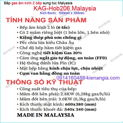 Bếp 2 gas âm kính sung túc Capri Malaysia KAG-Hob206 Malaysia