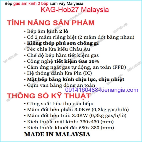 Bếp 2 gas âm kính sung túc Capri Malaysia KAG-Hob27 Malaysia