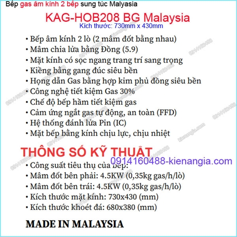 Bếp 2 gas âm kính sum vầy Capri Malaysia KAG-HOB208 Malaysia