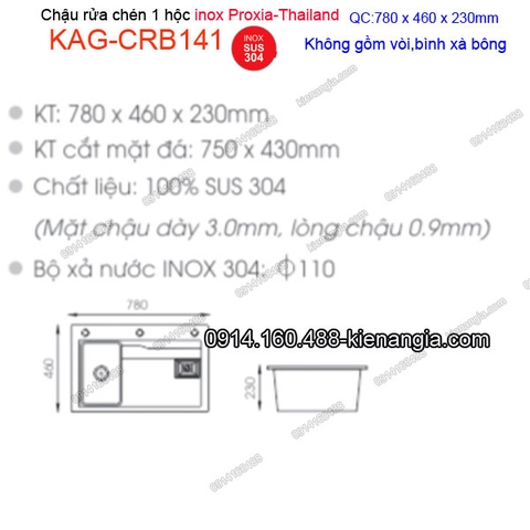 Chậu rửa chén Vuông 1 hộc 78x46 cm inox 304 Proxia-Thailand KAG-CRB141