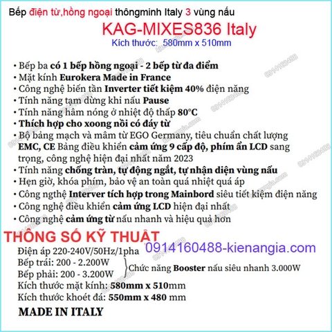 Bếp từ kết hợp hồng ngoại 3 bếp đẳng cấp Capri Italy KAG-MIXES836 Italy