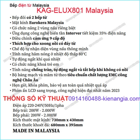 Bếp từ đôi Tiện ích CAPRI Malaysia KAG-ELUX801 Malaysia