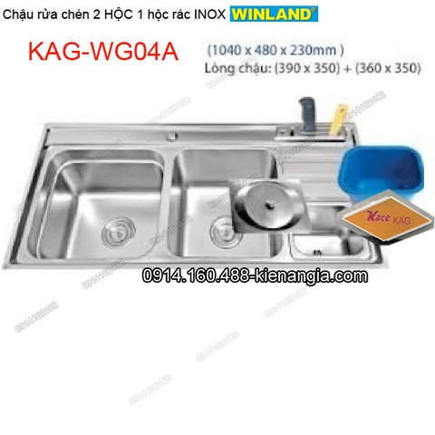 Chậu rửa chén 2 hộc có hộc rác giắt dao 104x48 cm Winland KAG-WG04A
