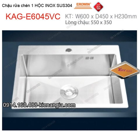 Chậu rửa chén 1 hộc 60x45 cm inox304 EROWIN KAG-E6045VC