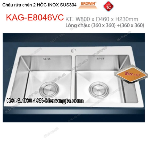 Chậu rửa chén 2 hộc vuông 80x46 cm inox 304 EROWIN KAG-E8046VC