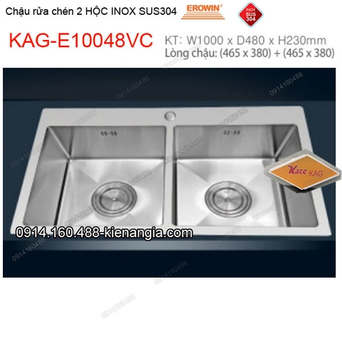 Chậu rửa chén 2 hộc vuông 100x48 cm inox 304 EROWIN KAG-E10048VC