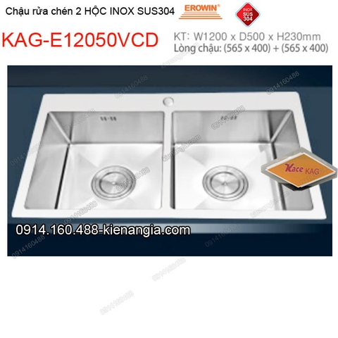 Chậu rửa chén 2 hộc vuông 120x50 cm inox 304 EROWIN KAG-E12050VCD