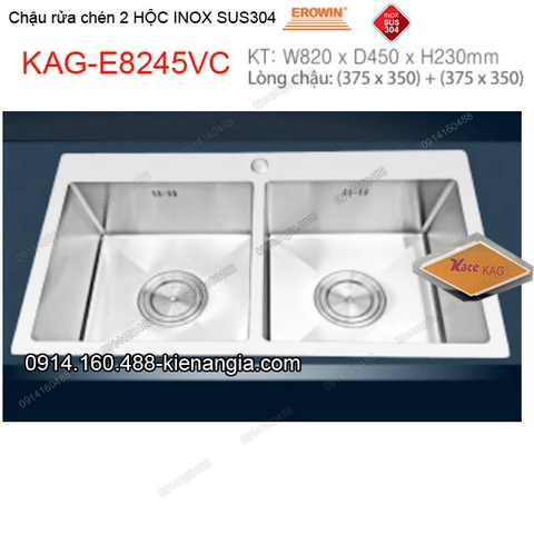 Chậu rửa chén 2 hộc vuông 82x45 cm inox 304 EROWIN KAG-E8245VC