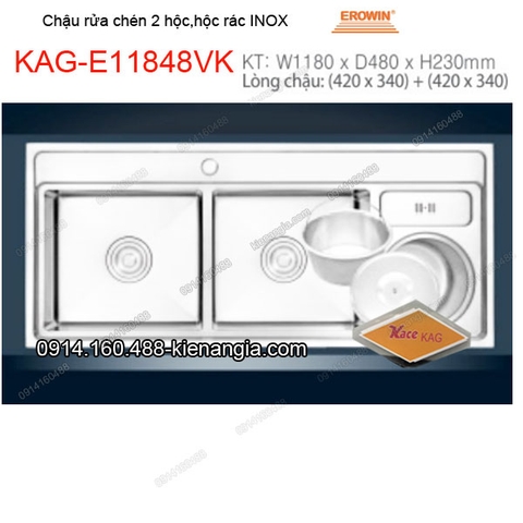 Chậu rửa chén 2 hộc ,hộc rác 110x468cm inox EROWIN KAG-E11848VK