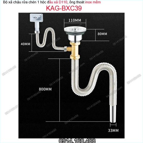 Bộ xả chậu rửa chén 1 hộc D110 ống inox mềm KAG-BXC39