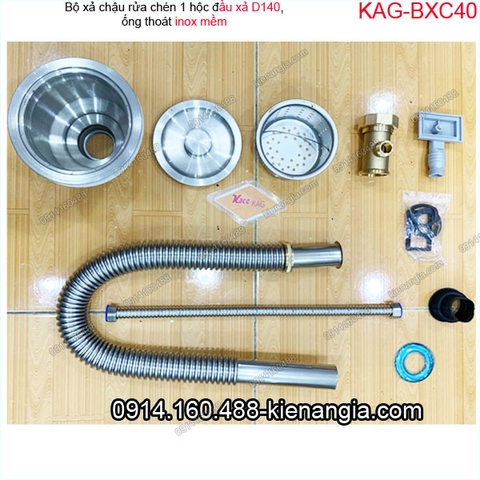 Bộ xả chậu rửa chén 1 hộc D140 ống inox mềm KAG-BXC40