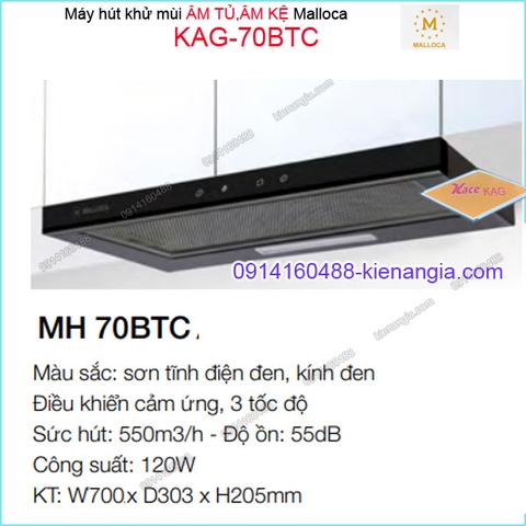 Máy hút khử mùi ĐEN ÂM TỦ KỆ 700mm Malloca KAG-70BTC