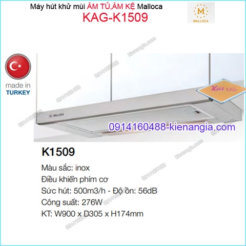 Máy hút khử mùi ÂM TỦ KỆ 900mm INOX Malloca KAG-K1509