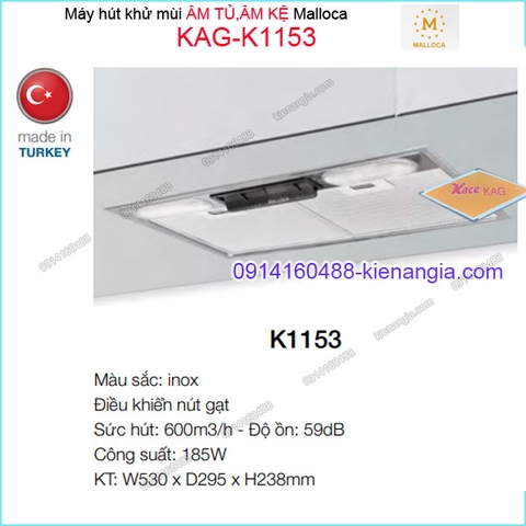 Máy hút khử mùi ÂM TỦ KỆ 530mm INOX Malloca KAG-K1153