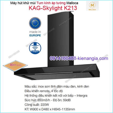Máy hút khử mùi tum kính LUXURY  900mm ĐE Malloca KAG-Skylight-K213