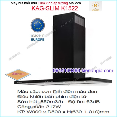 Máy hút khử mùi LUXURY  tum kính 900mm ĐEN Malloca KAG-SLIM K1522