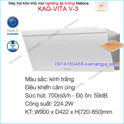 Máy hút khói khử mùi TRẮNG nghiêng Malloca 900mm KAG-VITA-V3