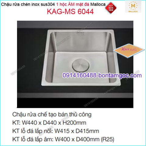 Chậu vuông INOX 304 1 hộc âm mặt đá 440X440mm Malloca KAG-MS6044