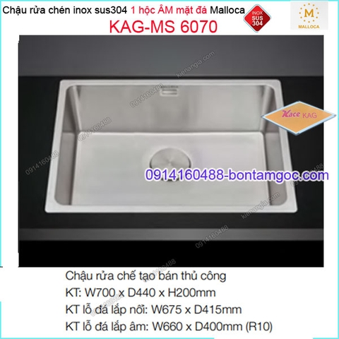 Chậu vuông 1hộc INOX 304 âm mặt đá 700X440mm Malloca KAG-MS6070