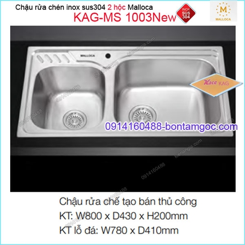 Chậu rửa chén 2 hộc inox 304 800x430mm Malloca KAG-MS1003New