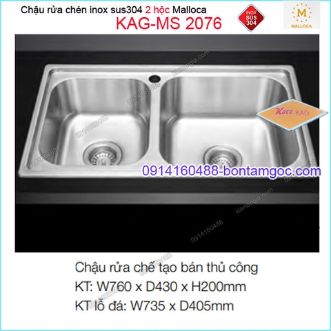 Chậu rửa chén 2 hộc inox 304 750x430mm Malloca KAG-MS2076