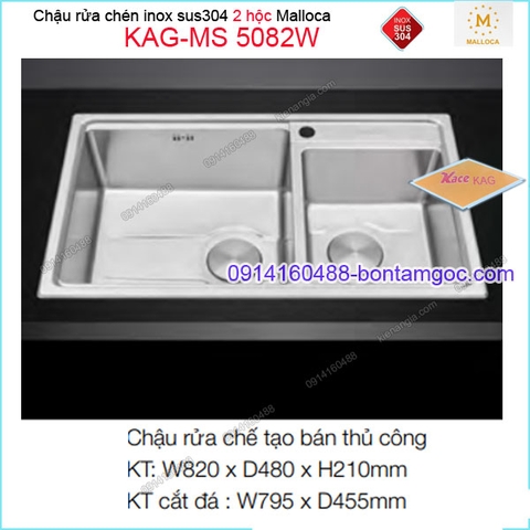 Chậu rửa chén 2 hộc inox đúc 820x480mm Malloca KAG-MS-5082W