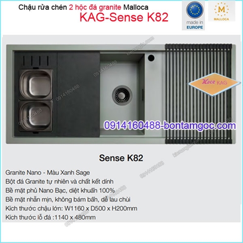 Chậu rửa chén 2 hộc đá Granite nano Xanh Sage 116x50 cm Malloca KAG-SenseK82
