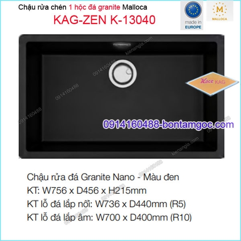 Chậu âm mặt đá bằng đá granite màu ĐEN 86X51 cm 1 hộc Malloca KAG-ZEN-K13040