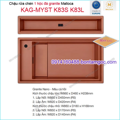 Chậu âm mặt đá bằng đá granite màu cá hồi 1 hộc Malloca KAG-MYST-K83S-K83L