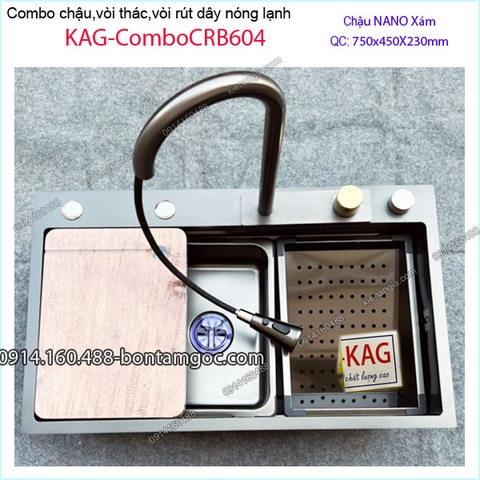 Combo chậu rửa chén,vòi thác ,rút dây 75X45cm Nano Xám KAG-ComboCRB604