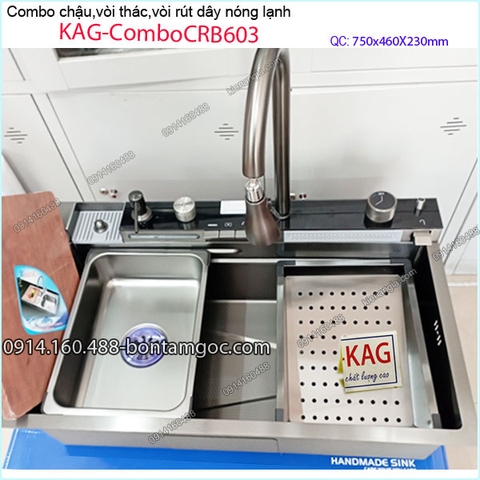 Combo chậu rửa chén,vòi thác ,rút dây NANO 75X46cm KAG-ComboCRB603