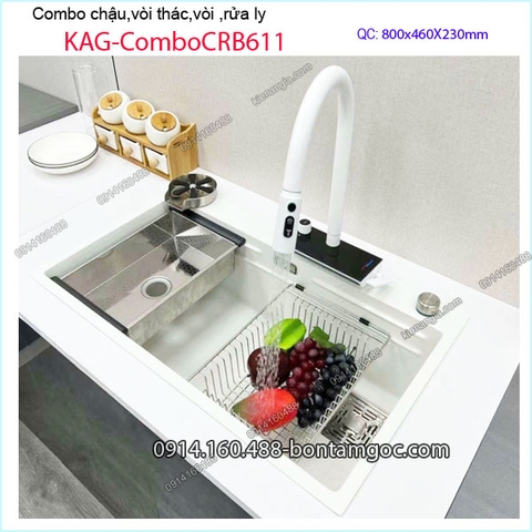 Combo chậu rửa chén,vòi thác ,rút dây,rửa ly 80X46cm trắng KAG-ComboCRB611