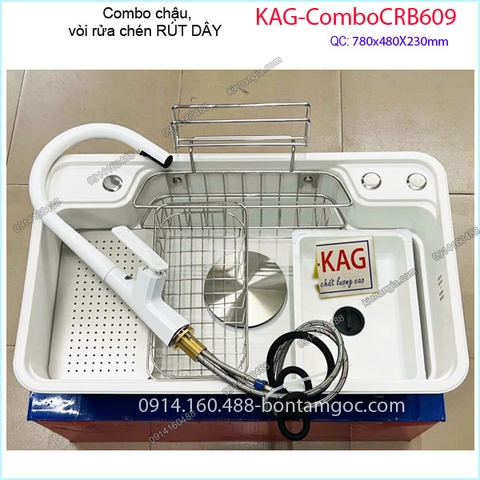 Combo chậu rửa chén,vòi rút dây 78X48cm Trắng KAG-ComboCRB609