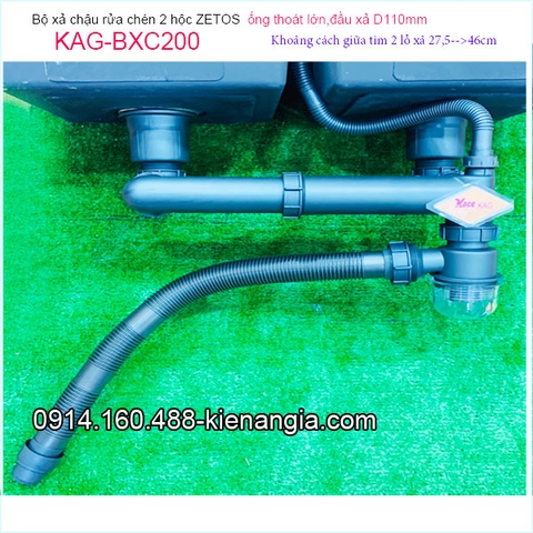 Bộ xả chậu 2 hộc ZETOS đầu nhựa đúc D110 có bầu lắng KAG-BXC200
