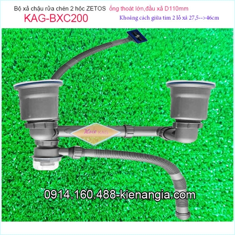 Bộ xả chậu 2 hộc ZETOS đầu nhựa đúc D110 có bầu lắng KAG-BXC200