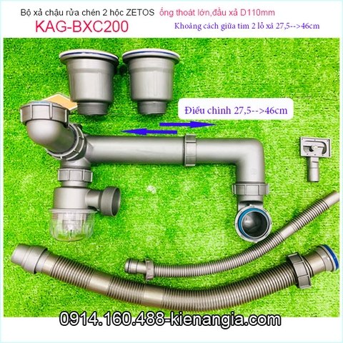 Bộ xả chậu 2 hộc ZETOS đầu nhựa đúc D110 có bầu lắng KAG-BXC200