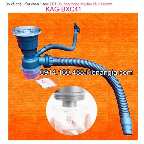 Bộ xả chậu 1 hộc ZETOS đầu nhựa đúc D110 có bầu lắng KAG-BXC41