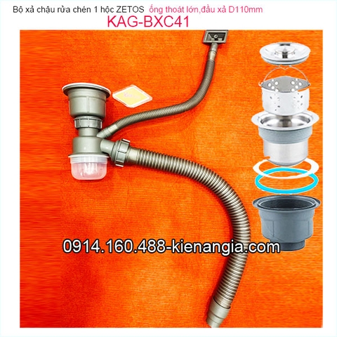 Bộ xả chậu 1 hộc ZETOS đầu nhựa đúc D110 có bầu lắng KAG-BXC41
